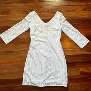 Lilly Pulitzer Alden Mini Dress Geo Lace V-neck front & back
